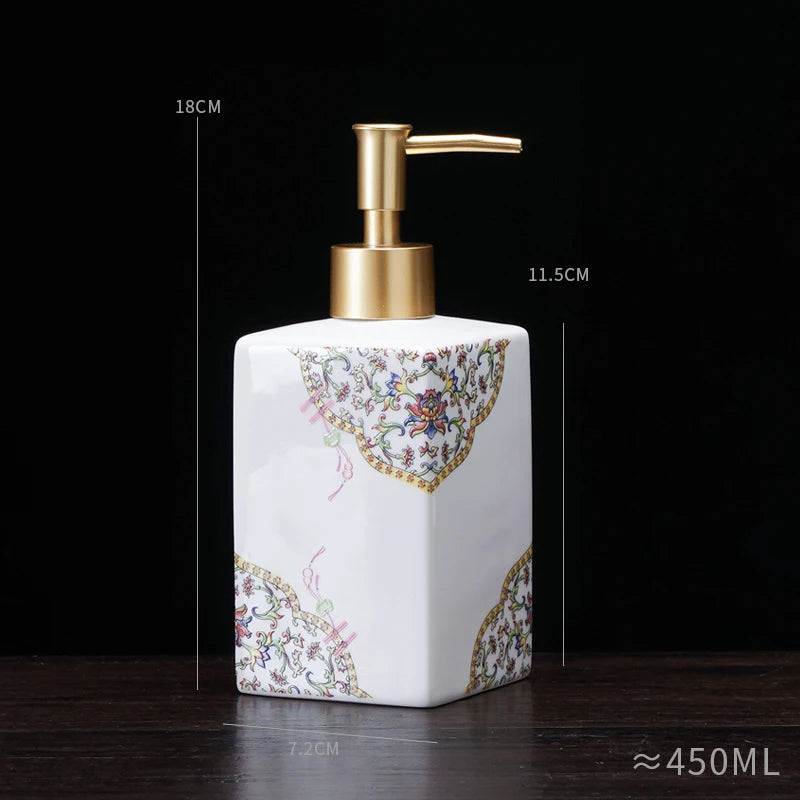 distributeur savon liquide céramique blanc bleu fleurs classique salle bains 280ml 450ml