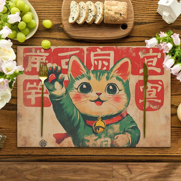 tapis table vintage vert rouge beige chat collier caractères chinois clips set 4pcs