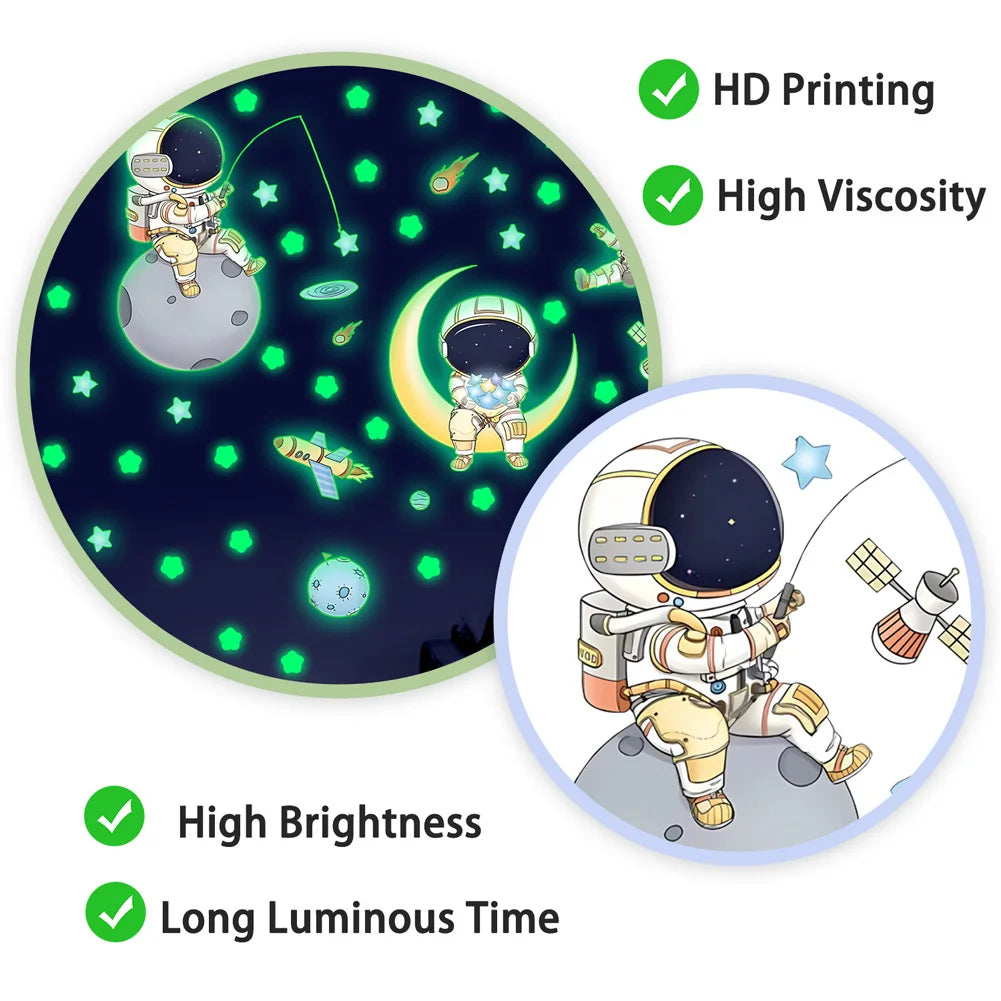 stickers muraux astronautes étoiles fusées nuit chambre enfants illustration cartoon adhésifs lumineux