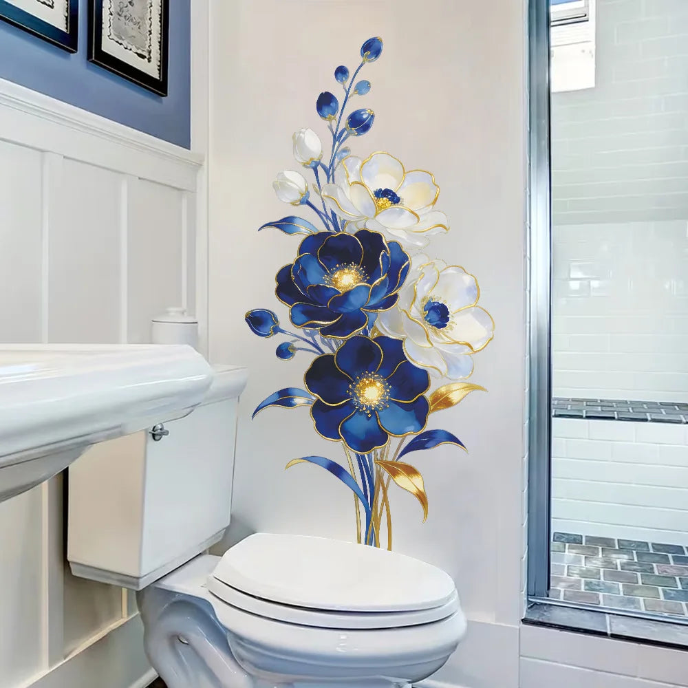 décoration murale sticker floral bleu blanc doré peinture aquarelle brillant adhésif élégantintérieur