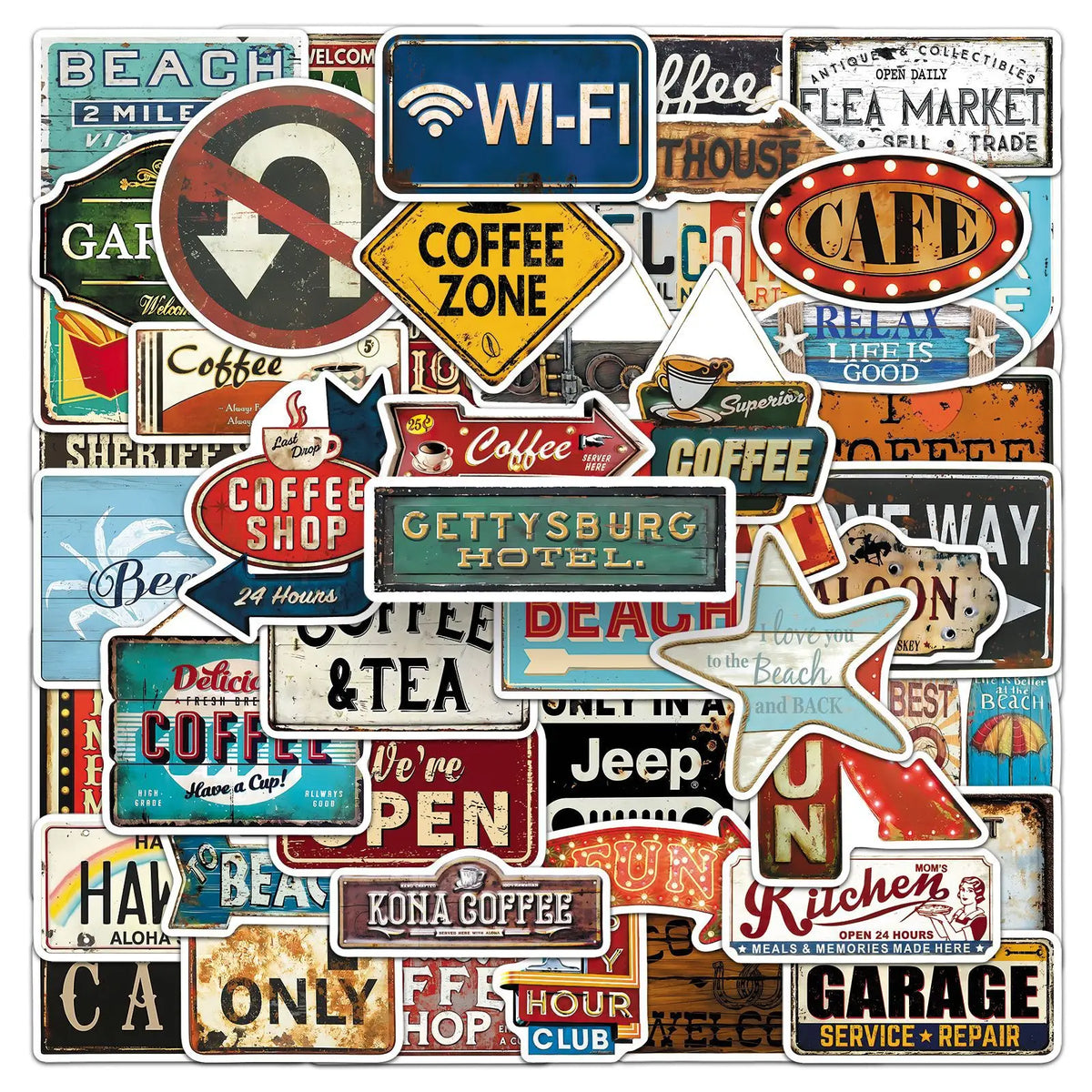 sticker rétro vintage enseignes vieillies diverses couleurs motifs touristiques adhésif décoration portable téléphone guitar