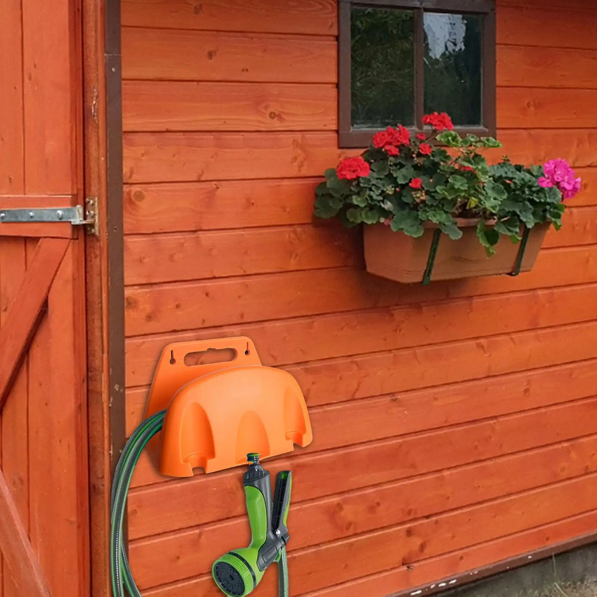 organisateur tuyau d'arrosage enrouleur réglable mur noir orange moderne utilitaire maison adultes