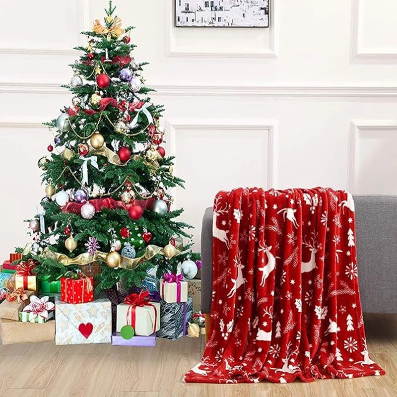 couverture hiver rouge motif cerf flocon neige velours doux plaid chaud décoration maison luxe