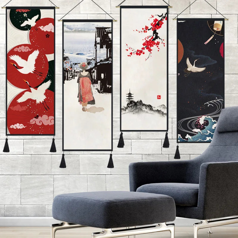 tapisserie suspendue japonaise grande vague montagne fuji décoration murale salon art oriental traditionnel