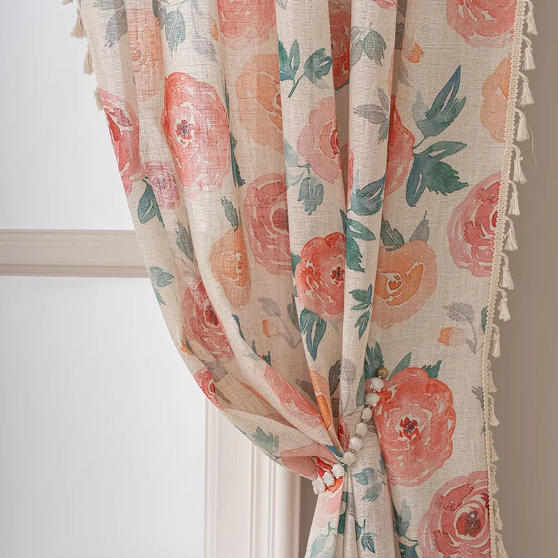 rideau fleuri polyester translucide classique franges beige rose vert bleu maison