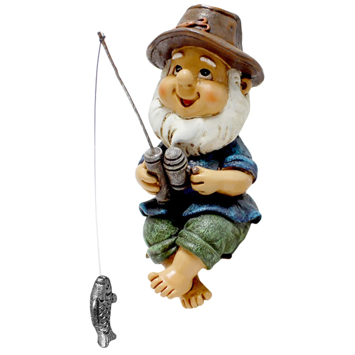 statue gnome pêcheur résine beige marron bleu vert gris argenté canne poisson décoration jardinextérieur