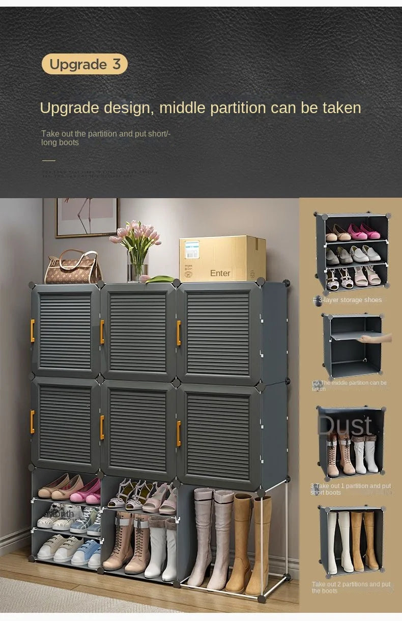 meuble chaussures gris moderne grand rangement chaussures porte poignées dorées salon entrée maison