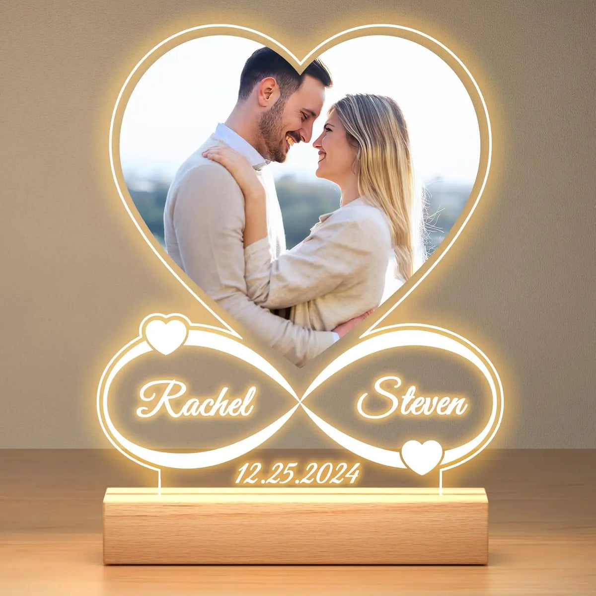 lampe photo personnalisable moderne coeur infini gravure bois blanc couple cadeau anniversaire romantique