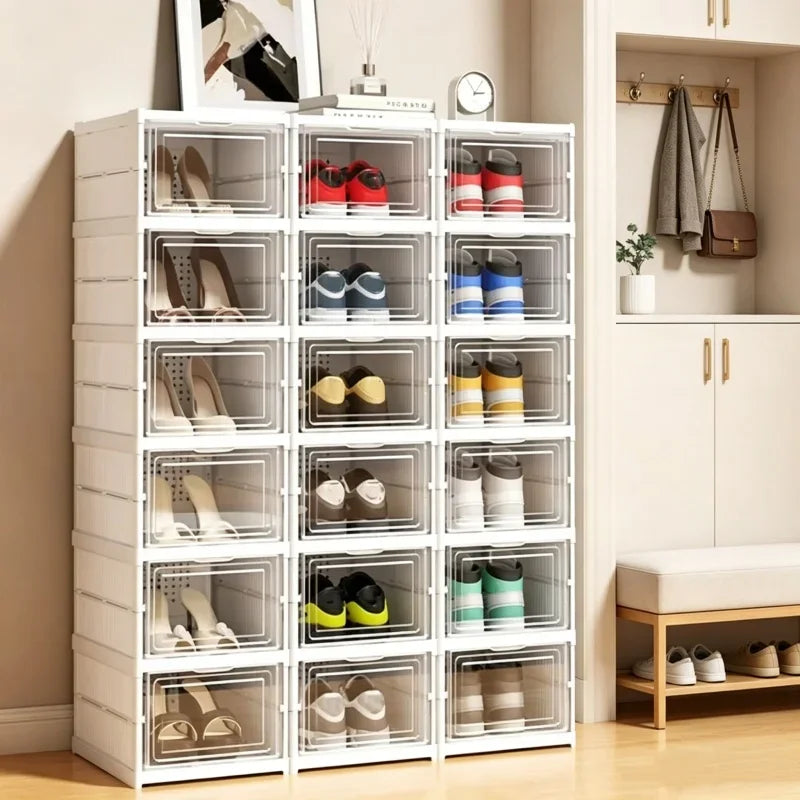 rangements chaussures empilables transparentes boîtes individuelles pliables boîtes motif relief moderne minimaliste emboîtement chaussures