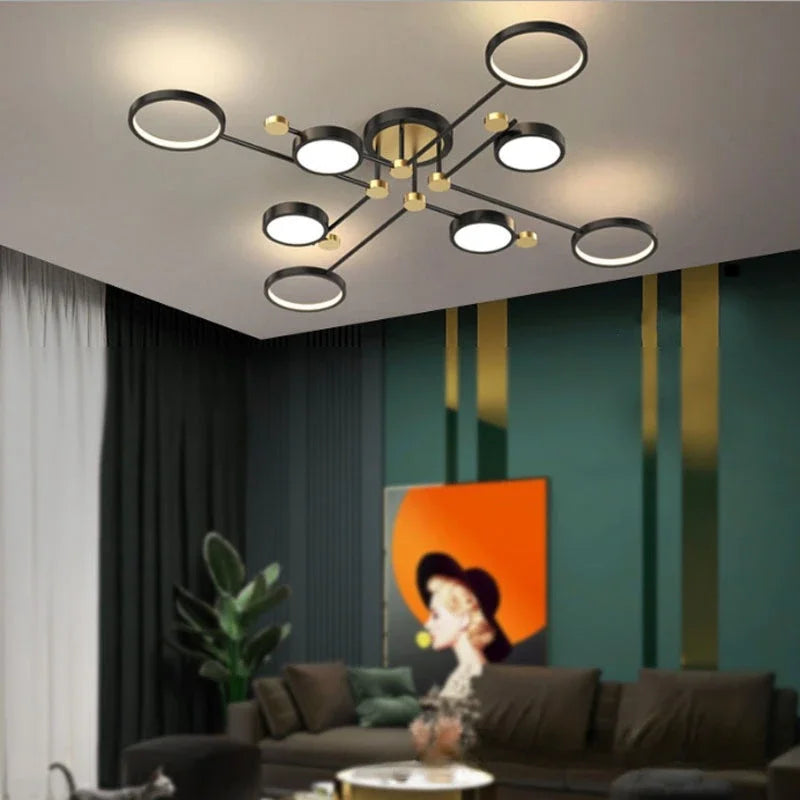 lustre moderne suspension lumineuse tête métallique noir or lisse géométrique chambre salon