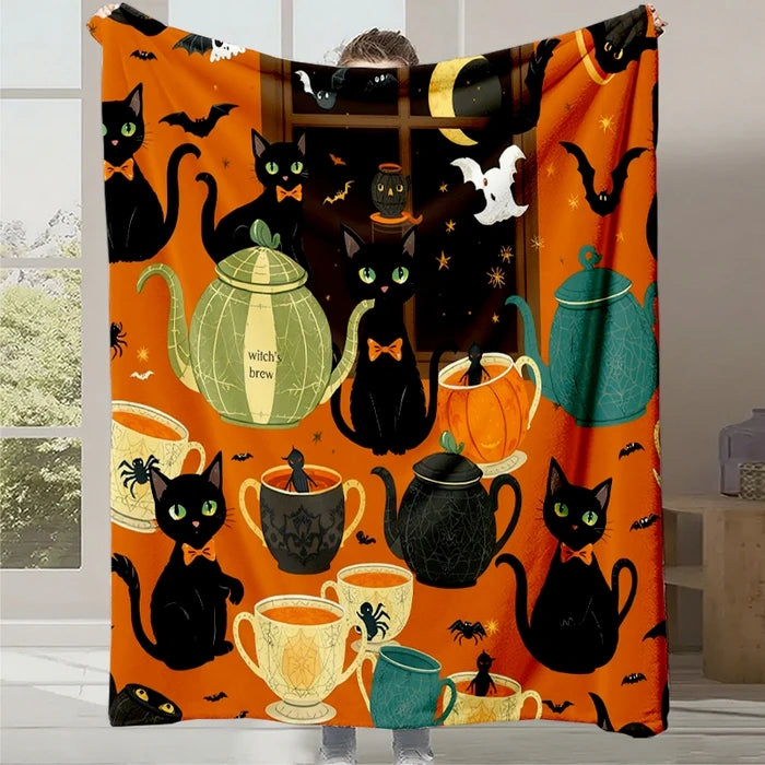 Une magnifique illustration remplie de chats noirs, de citrouilles et d'objets magiques dans des couleurs automnales.