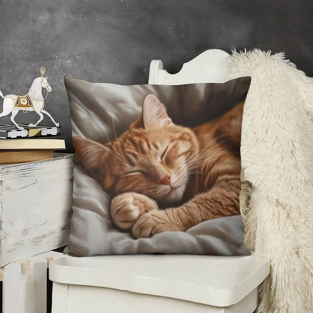 housse coussin polyester chat imprimé gris orange moderne salon chambre lit 45cm 45cm