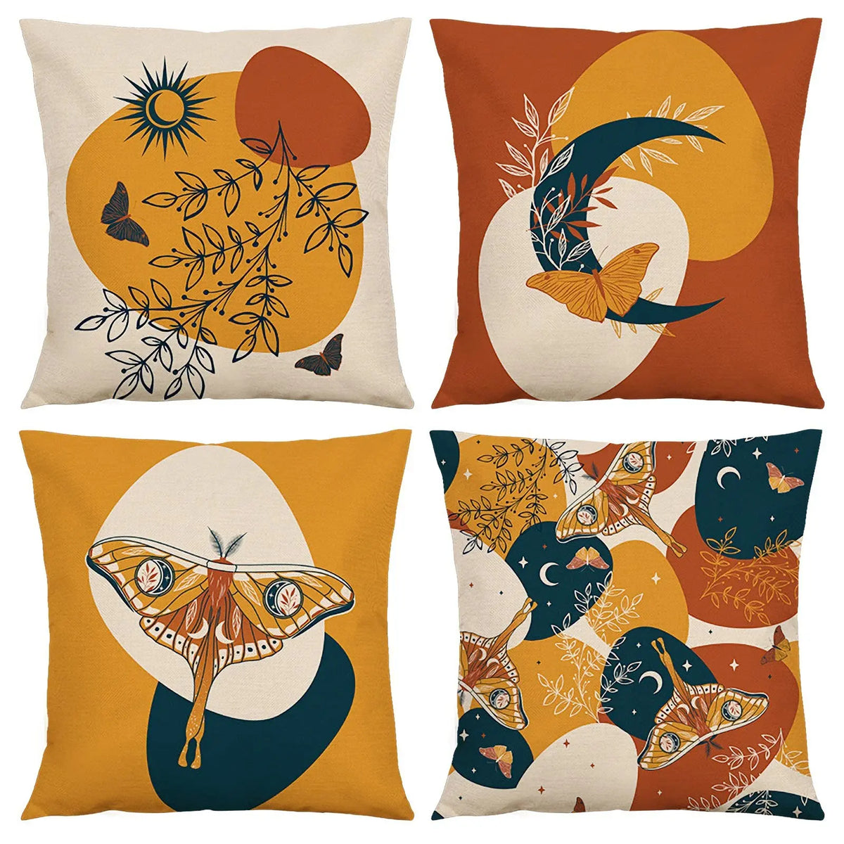 taies d'oreiller lin imprimées papillons lunes feuilles moderne 18x18 beige marron bleu orange