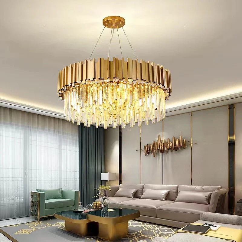 Suspension lumineuse moderne dorée pendants transparents barres rayonnantes salon élégant