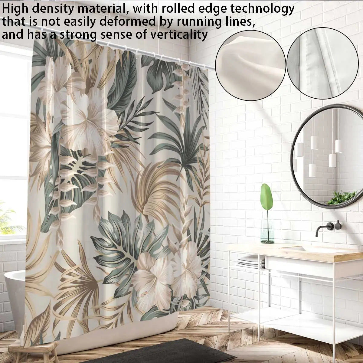 rideau douche tropical feuilles vertes fleurs blanches opacité moderne 12 anneaux métalliques polyester dimension