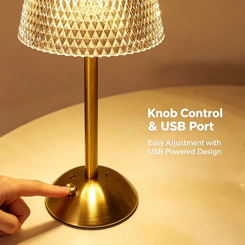 lampe table dorée diamant moderne interrupteur rotatif port usb rechargeable veilleuse chambre