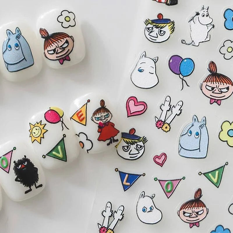 sticker adhésif ongle moomin dessins animés personnages ballons coeurs fleurs