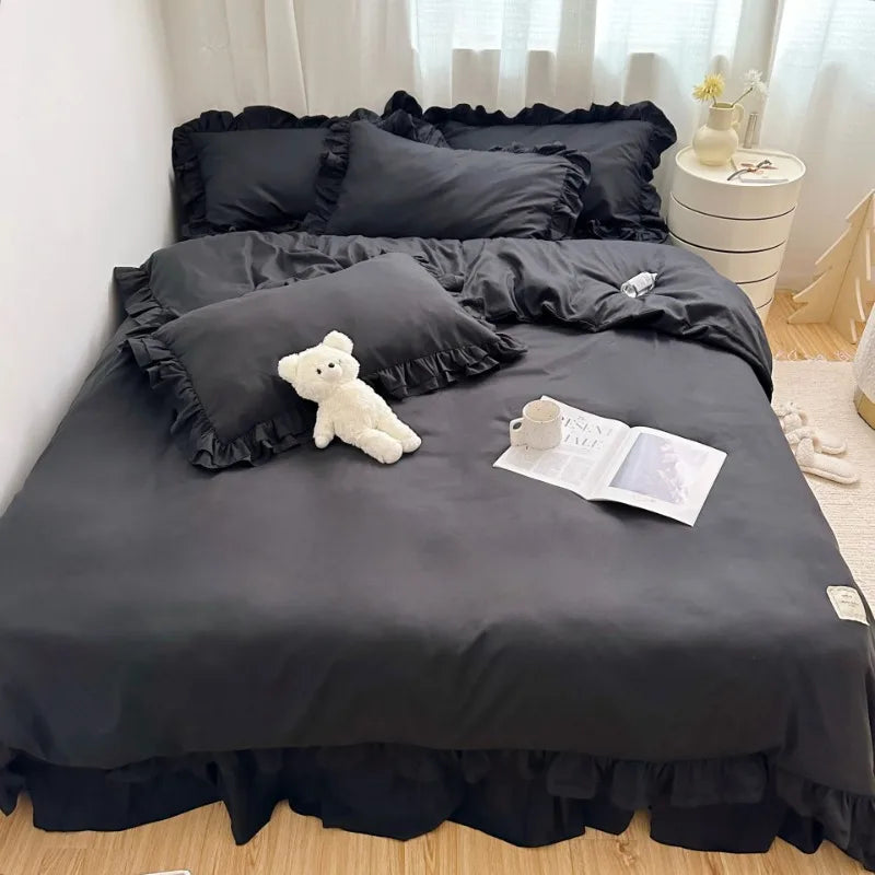 ensemble literie coton brossé ruffles romantique noir rose gris vert beige taies oreillers couverture