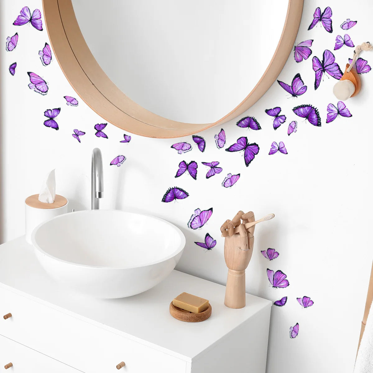sticker mural decoratif papillon violet bleu effet aquarelle salle bain boheme adhesif nature