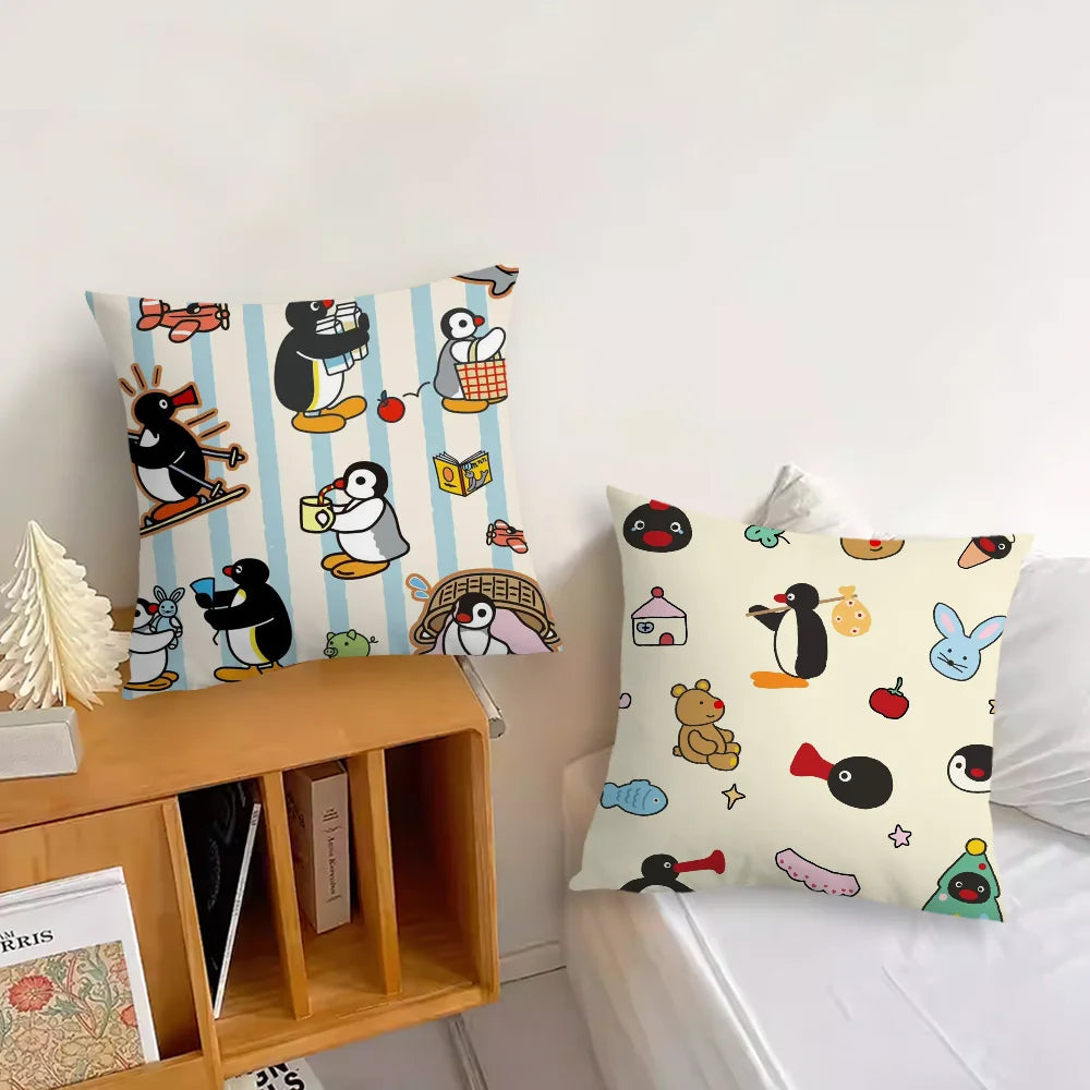 housse coussin carré beige motif pingouin cartoon décoratif salon chambre enfant tissu coton