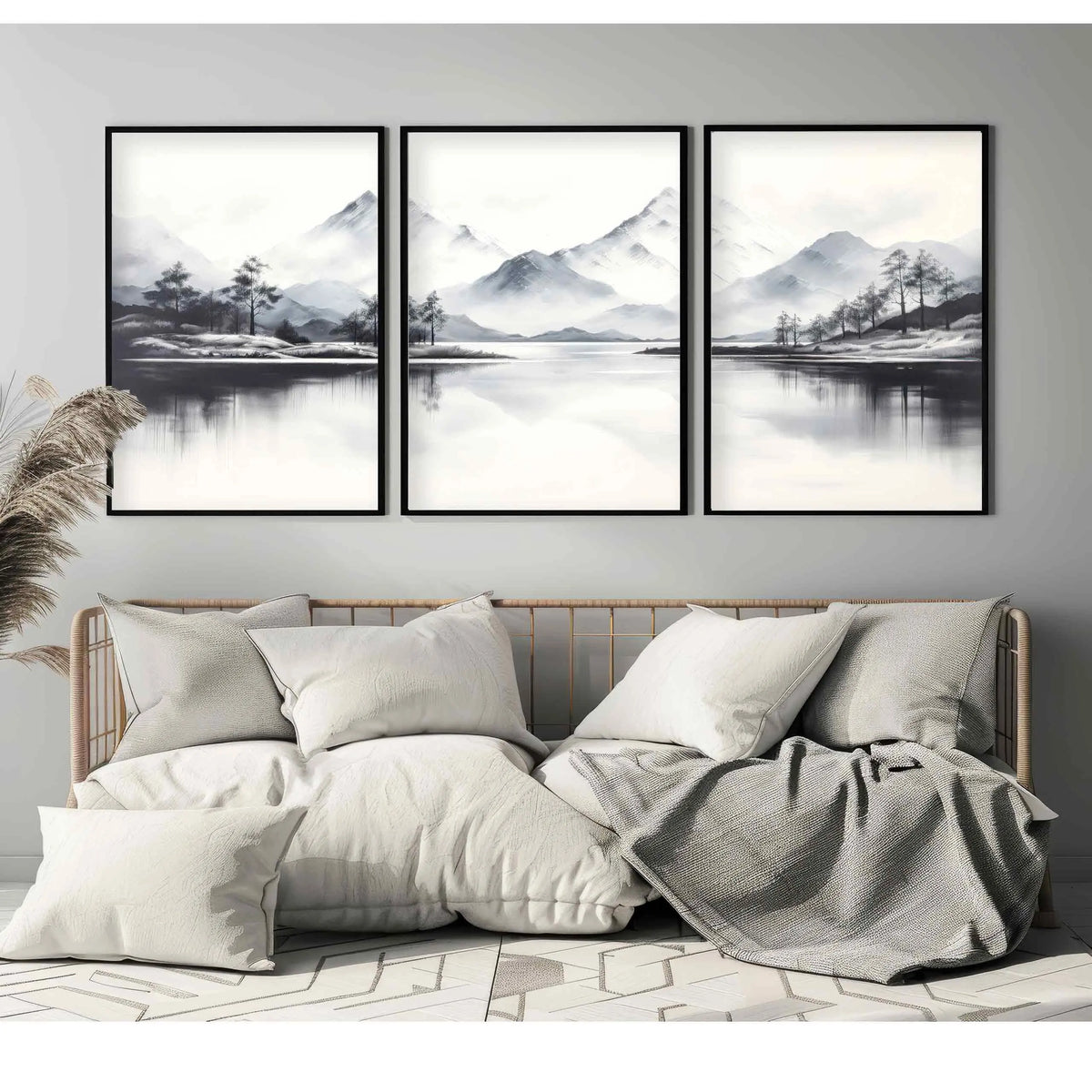 tableaux minimalistes paysages montagneux arbres reflets eau noir blanc contemporains sans cadre chambre salon