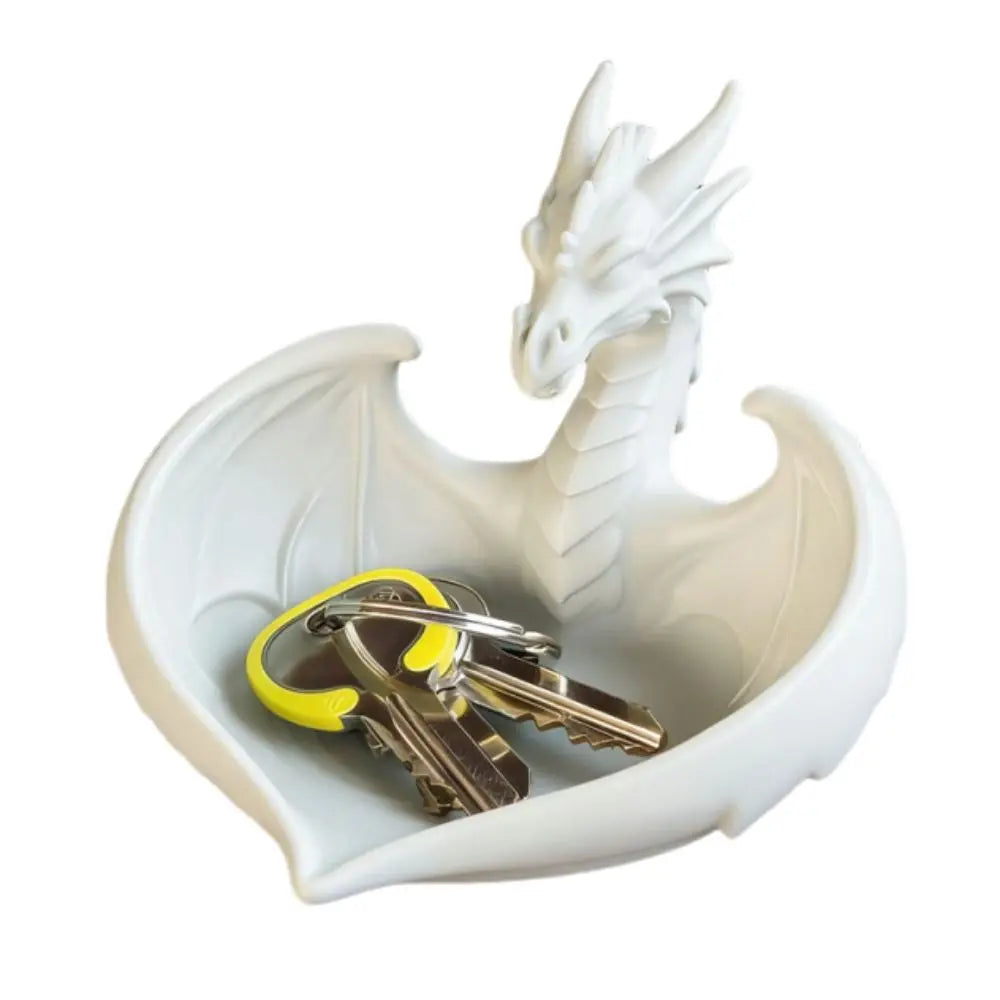 plateau rangement bijoux dragon blanc sculpté ailes tête moderne fantaisie clés anneaux boucles d'oreilles