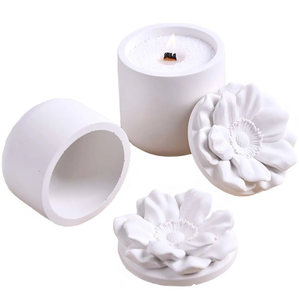 bougies parfumées couvercle floral silicone moderne élégante douceur intérieur blanc fleur sculptée relief