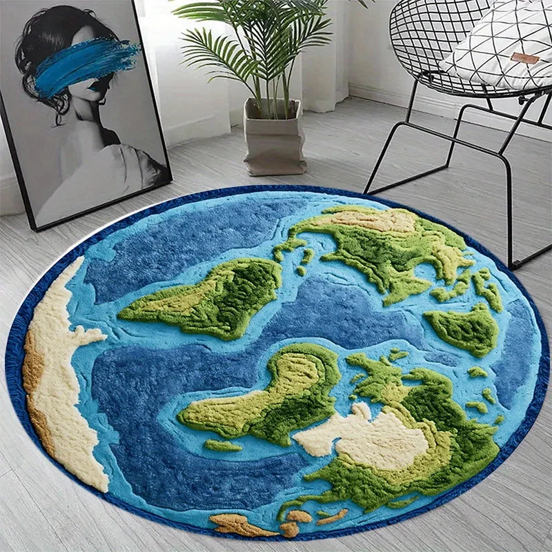 tapis rond relief 3d continents bleu vert beige moderne antidérapant polyester insonorisation chambre