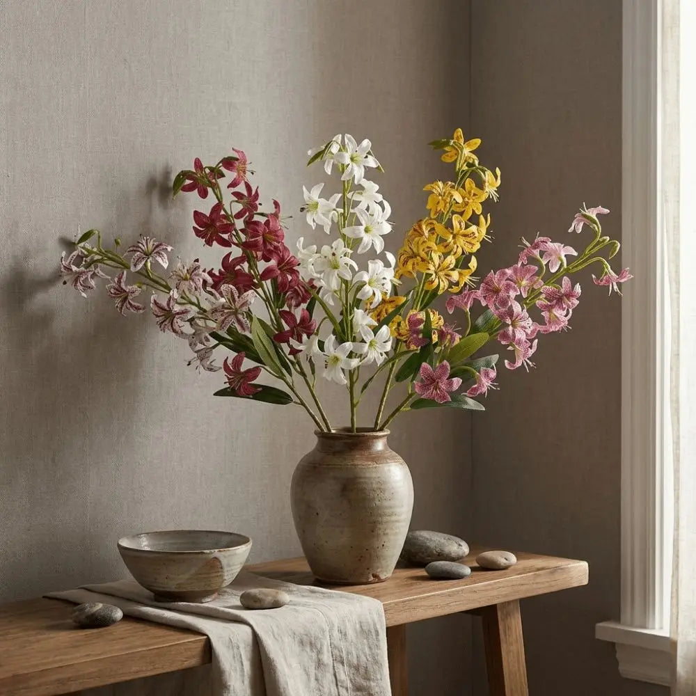décoration intérieure moderne bouquet artificiel fleurs variées blanc rose jaune violet réaliste