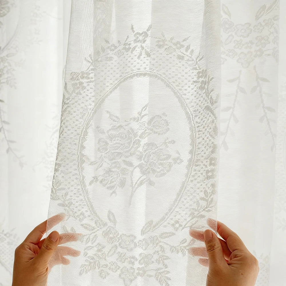 rideau blanc floral transparent classique ruban fixation polyester extérieur fenêtre plate vintage