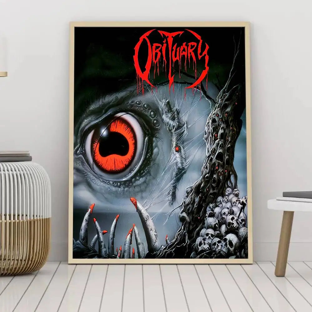 affiche gothique crâne oeil rouge cadre bois décoration murale sombre métal noir