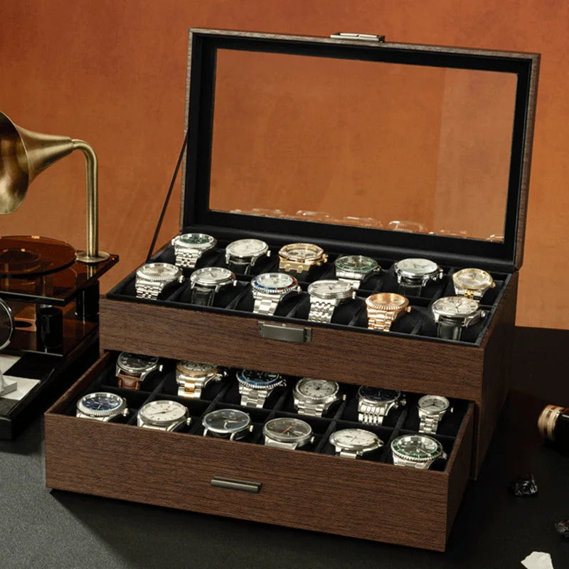 boîte montres bois foncé élégante fenêtres verre transparentes coussins boutons fermeture.storage.display.watch.jewelry.home