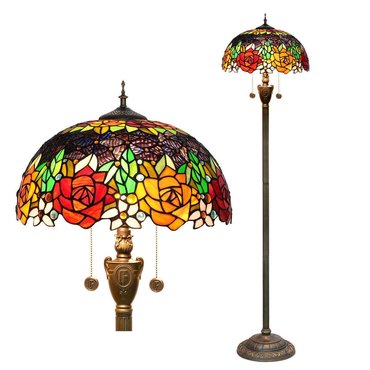 lampe sol tiffany multicolore art nouveau interrupteur pédale base résine hauteur 163cm