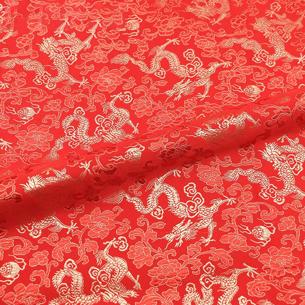 tissu brodé dragon nuages jaune rouge violet bleu noir traditionnel élégant couture bricolage artisanat