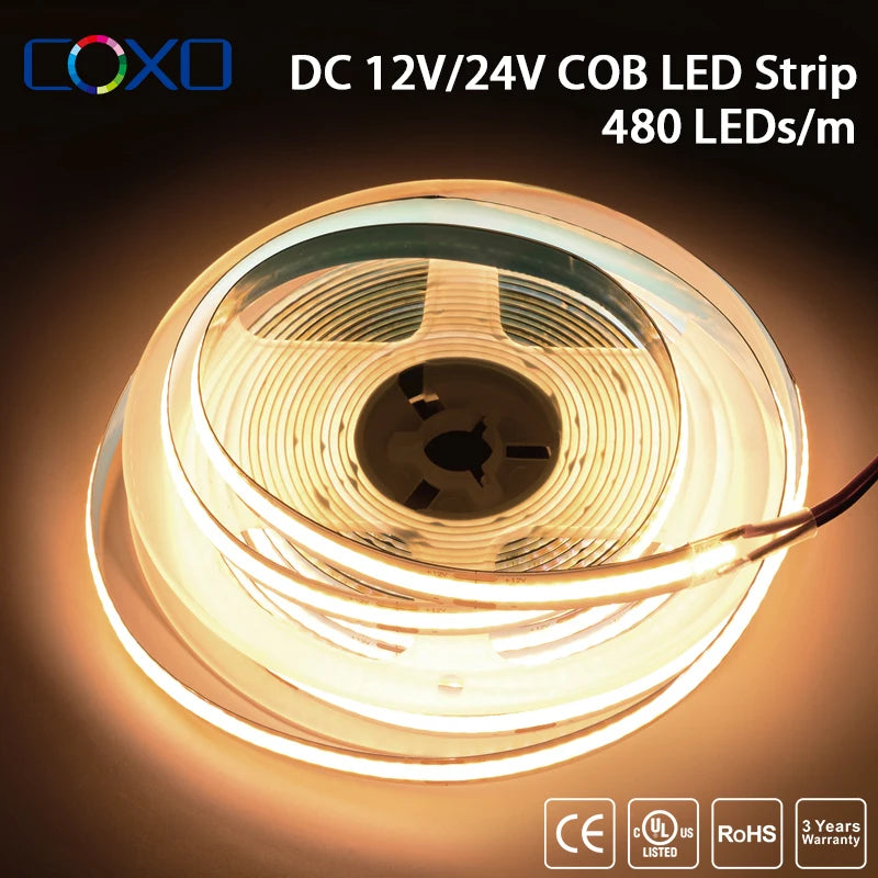 ruban led cob blanc chaud dimmable flexible adhésif 12v 24v haute densité lumière uniforme