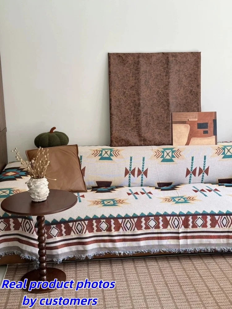 couverture canapé ethnique beige motifs tribaux franges automne hiver boho chic polyestère machine