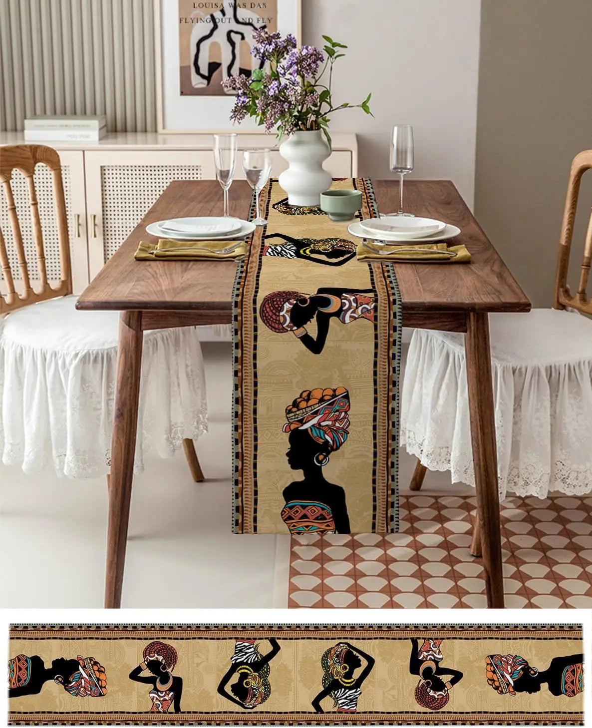 chemin table lin ethnique motifs femmes foulards géométriques beige noir orange bleu vert marron