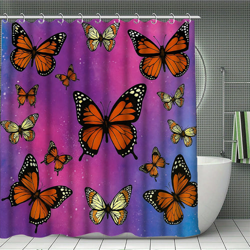 rideau douche moderne motif papillon fleurs feuilles anneaux salle bain