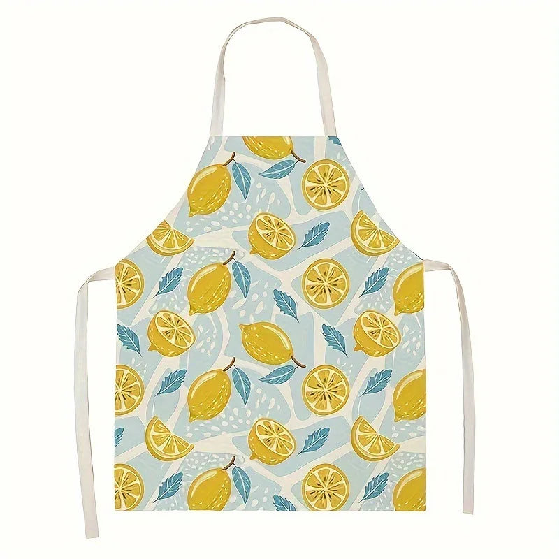 tablier cuisine lin coton élastiques citrons feuilles moderne beige jaune vert