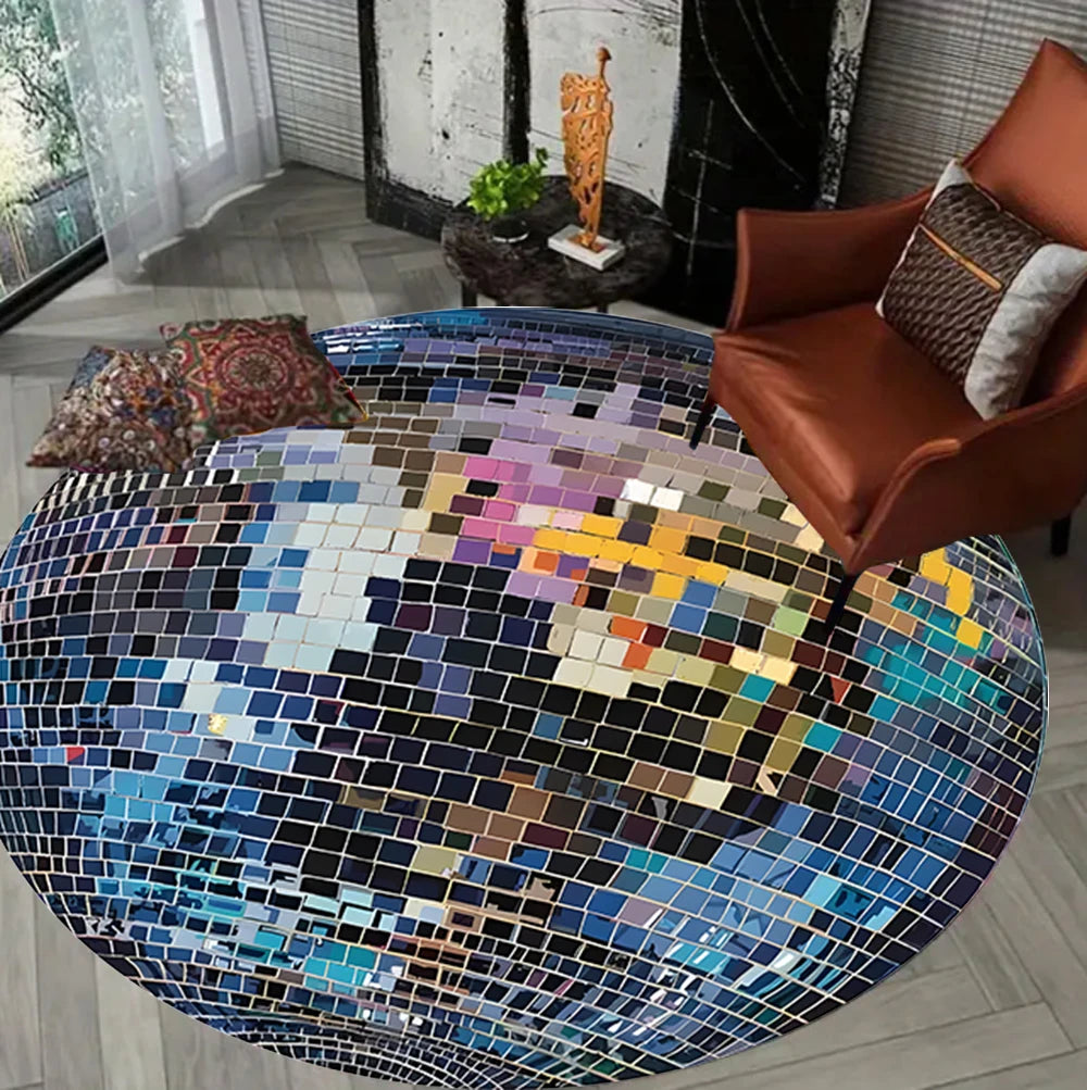 tapis rond moderne mosaïque carrés brillants rose bleu violet noir salon chambreextérieur