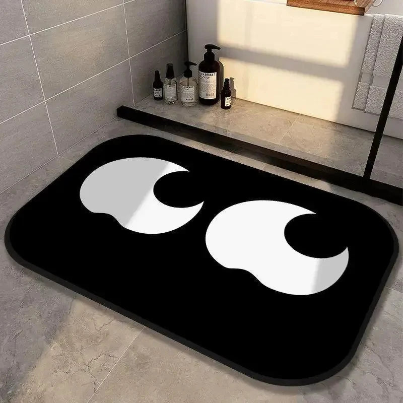 tapis bain salle douche noir blanc motif yeux dessin animé antidérapant absorbant moderne