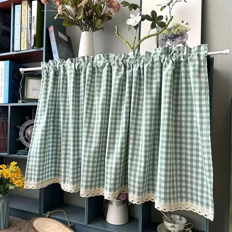 rideau vert carreaux dentelle fenêtre rustique vintage chambre opacité moyenne tringle
