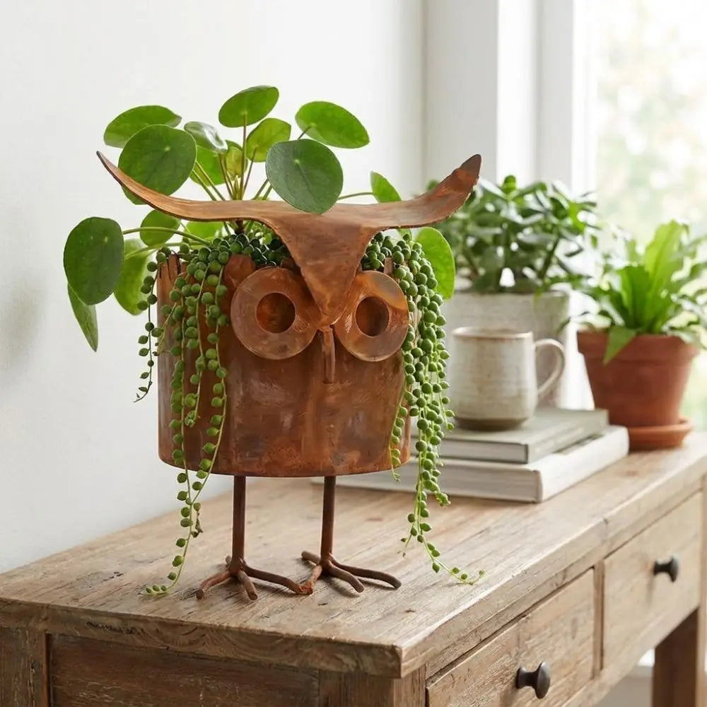 pot fleurs forme oiseau marron rustique texture metallique aspect vieilli moderne jardin balcon
