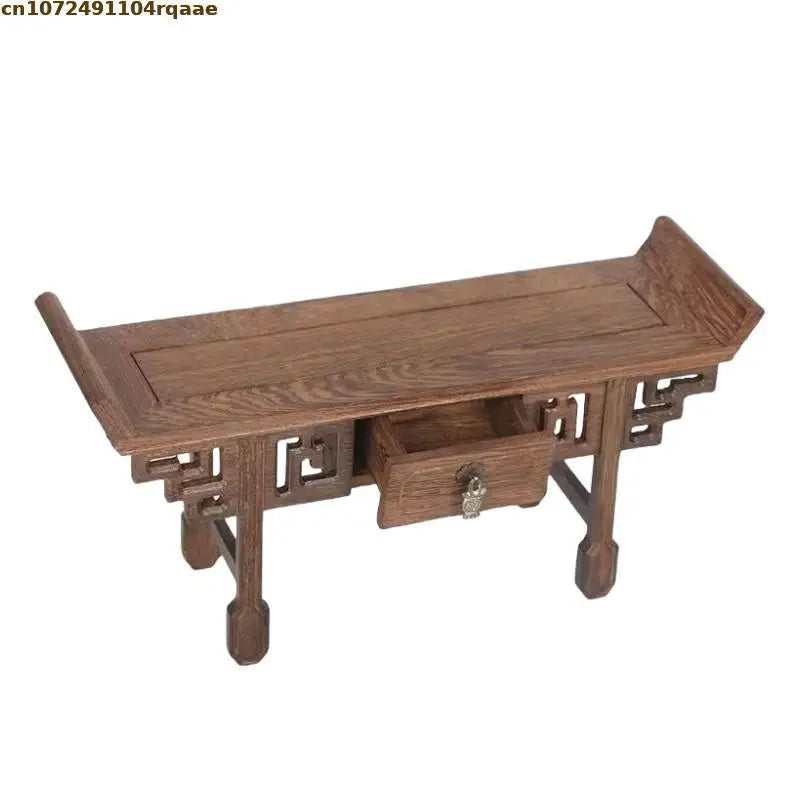 meuble bois chinois étagères sculptées pots fleurs figurine bouddha plante artificielle stand thé