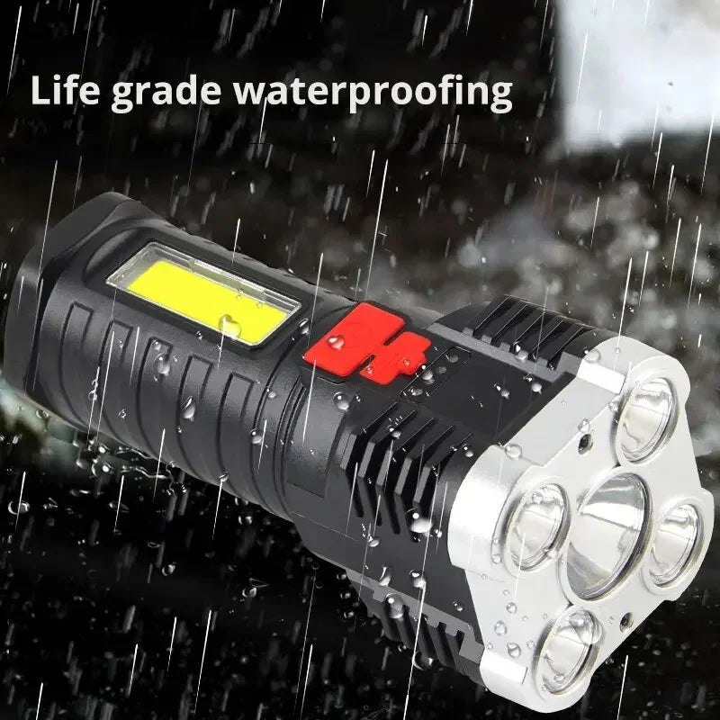 lampe torche noire rechargeable 5led modes éclairage camping extérieur robuste texturé rainures verticales