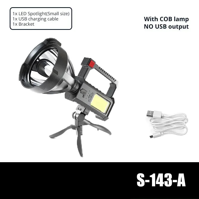 lampe torche rechargeable usb puissante éclairage jaune noir mode haut bas trépied robuste industrielle
