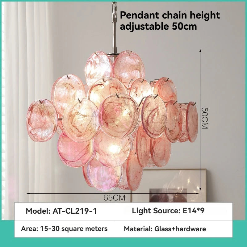 suspension lumineuse moderne rose verte verre transparent chaîne métallique 65cm 65cm