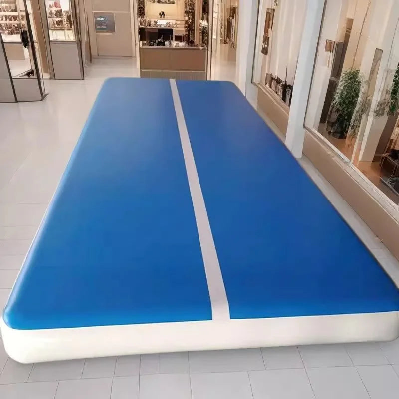 tapis gymnastique bleu blanc surface lisse motif horizontal moderne sport utilitaire