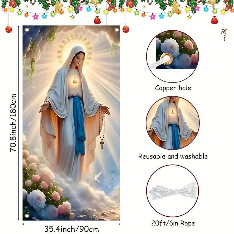 rideau mural religieux femme collier bleu blanc doré occasion noël mariage anniversaire classique