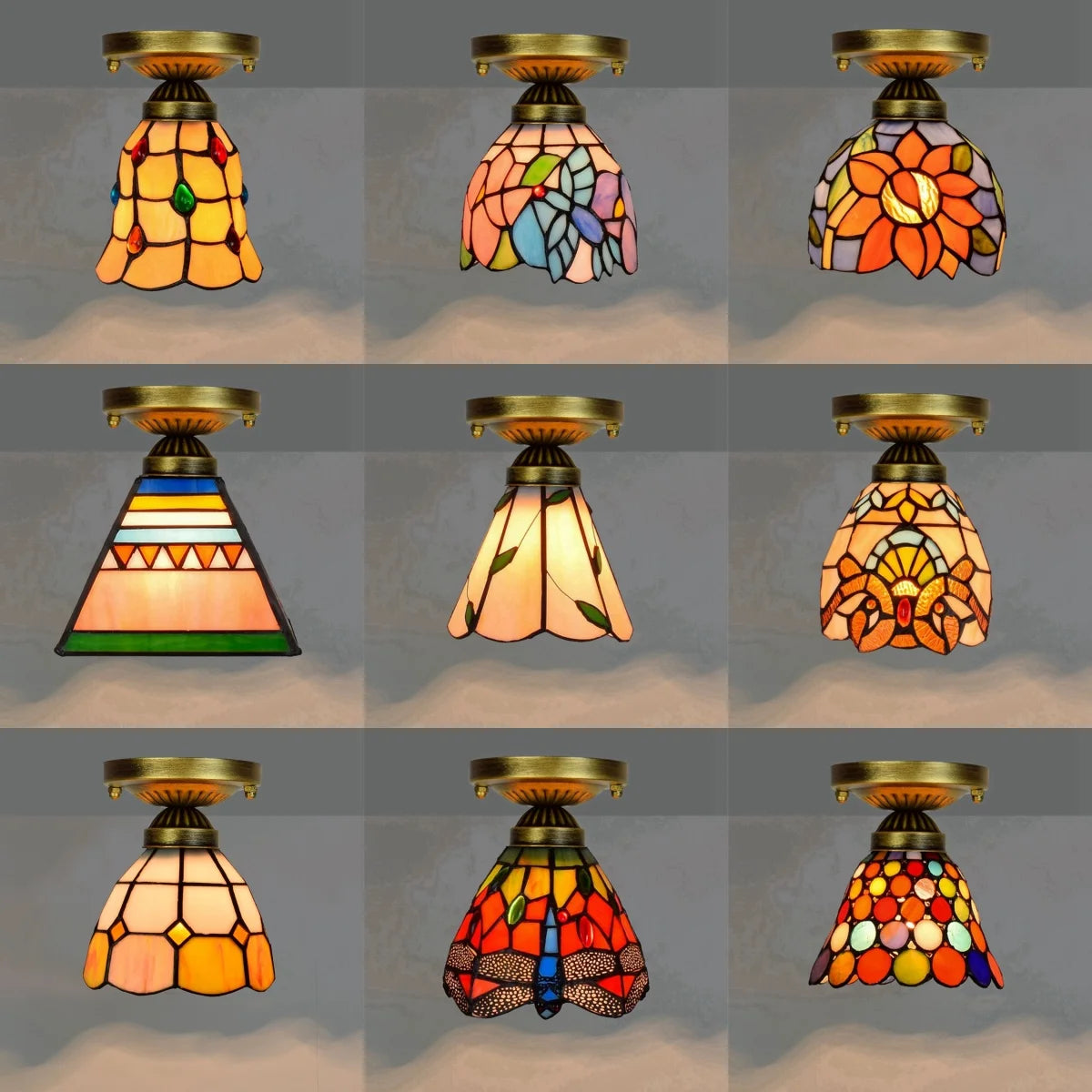 lampe art déco tiffany or bleu rouge verte jaune marron motifs floraux géométriques vis
